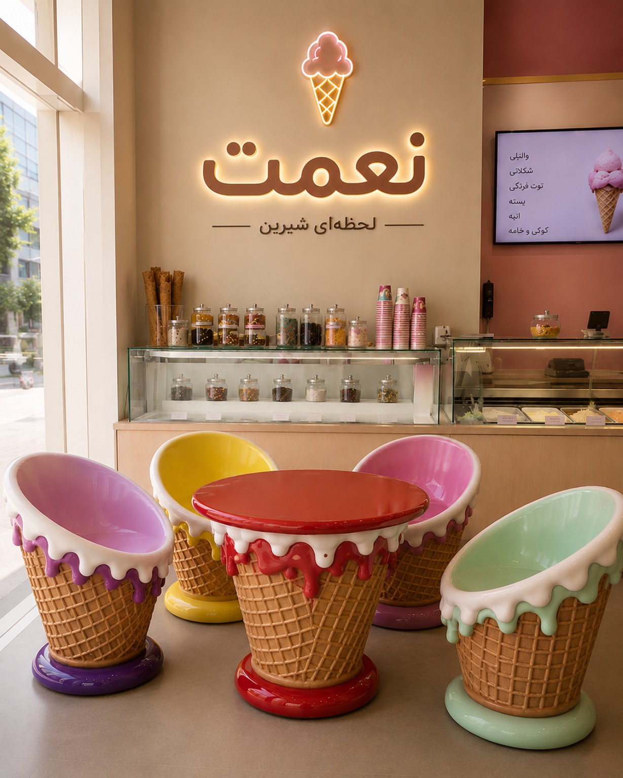 میز و صندلی بستنی قیفی فانتزی  دستساز پاپیه ماشه